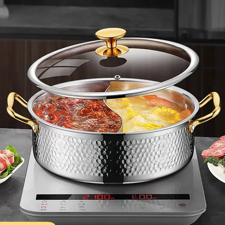 家用商用304复合三层钢锤纹鸳鸯火锅炉具电磁炉通用