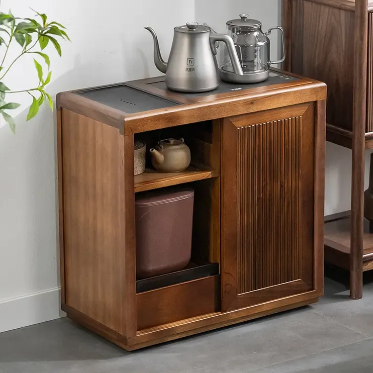 新中式茶水柜实木核桃木茶水台茶桌边柜侧柜边几茶室烧水壶一体柜