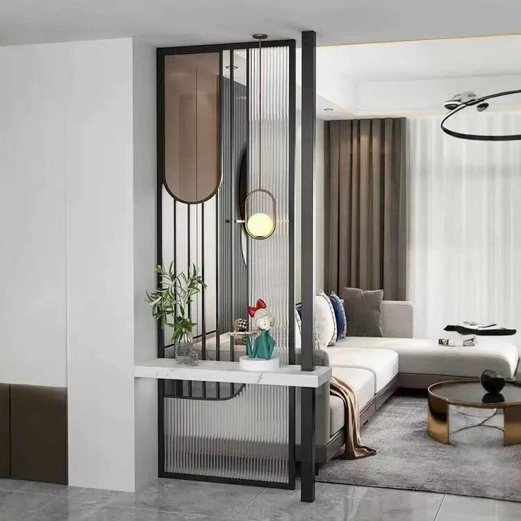 水波纹长虹玻璃屏风隔断入户正对门客厅进门2024新款式带立柱岩板