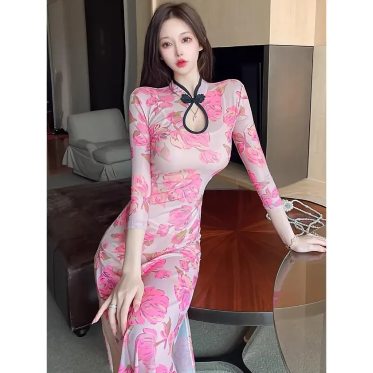 七分袖长款旗袍女舞蹈服2025新款气质少女年轻款开叉网红连衣裙子