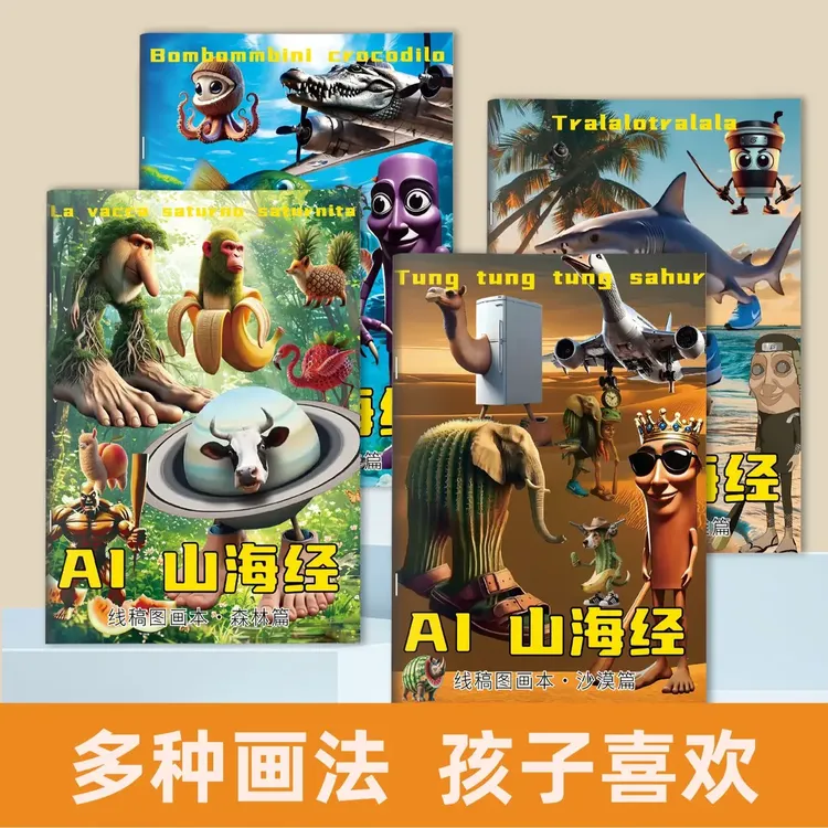 ai山海经外国山海经木棍人tung穿鞋鲨鱼描摹本抽象涂鸦填色绘画本商品图