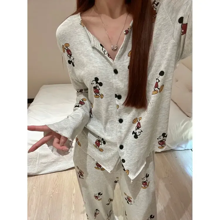趣味可爱米奇长袖睡衣女春秋季网红爆款卡通家居服简约可外穿套装