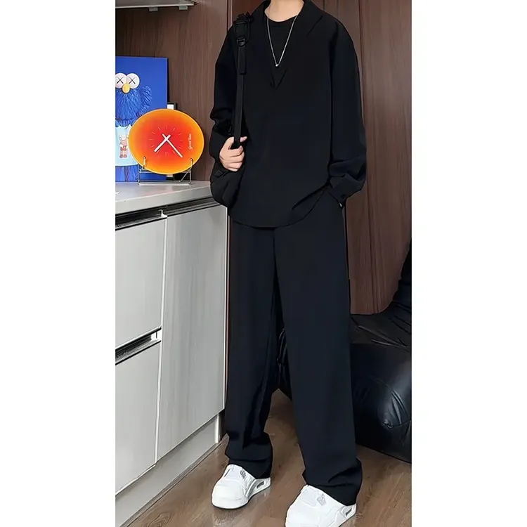 新款长袖V领假两件POLO衬衫长裤套装男休闲风痞帅垂感纯色老钱风