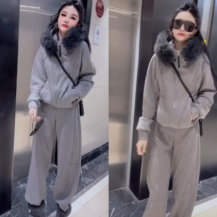 秋冬新款时尚毛领拉链卫衣加绒休闲裤显瘦宽松百搭网红气质套装女