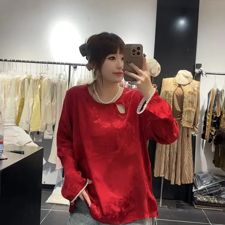 大码新中式国风重工刺绣盘扣提花圆领长袖上衣1582