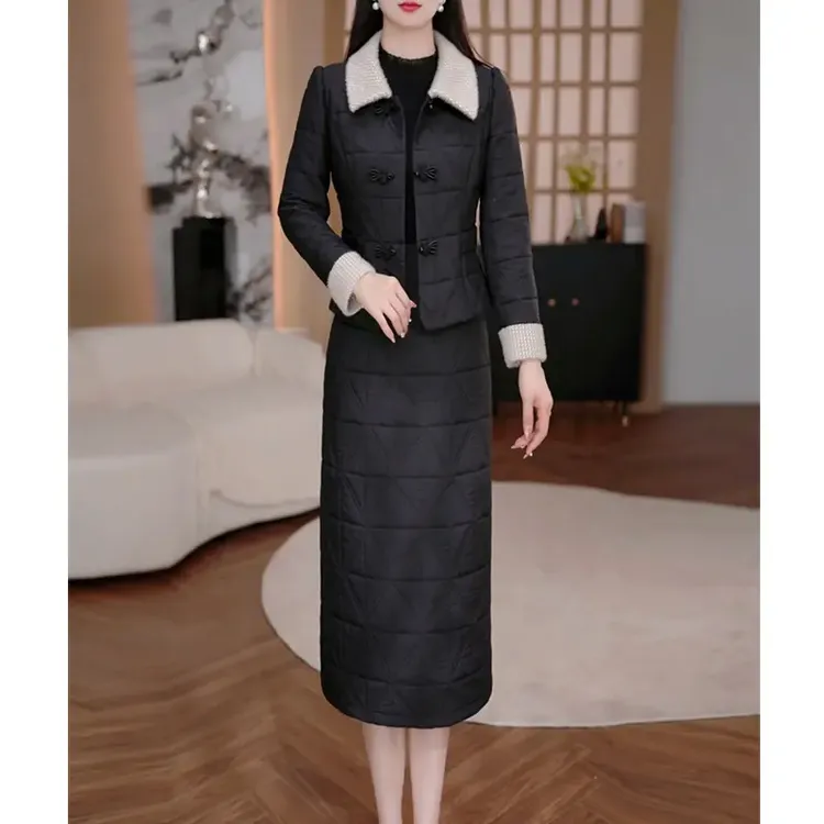 新款夹棉气质保暖两件套温柔时尚妈妈装连衣裙M-5XL