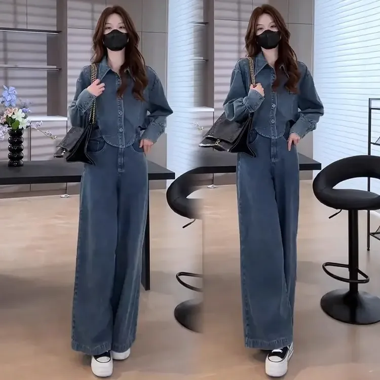 港风复古牛仔套装女2025春季新款时尚休闲显瘦宽松阔腿裤两件套潮