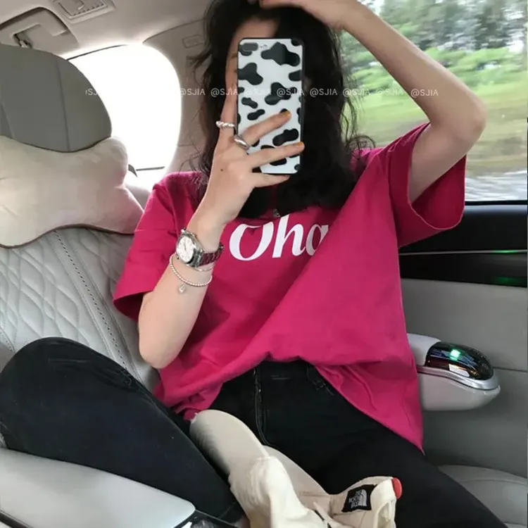 多巴胺短袖t恤女夏中长款宽松字母印花上衣oversize纯棉半袖上衣