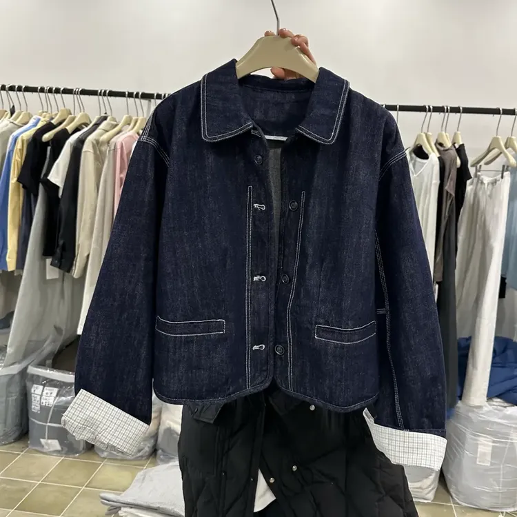 韩系设计感条纹袖口牛仔外套女2025秋季新款百搭翻领上衣女款961#