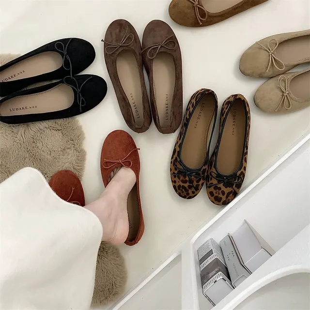 LUDAKE鹿大可 日常搭配温柔浅口芭蕾舞鞋蝴蝶结平底瓢鞋豹纹单鞋