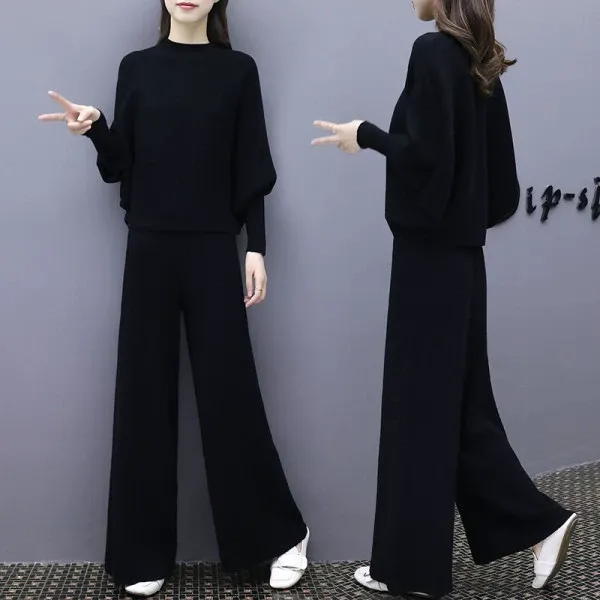 2025年秋装新款黑色套装女时尚休闲韩版宽松显瘦大码阔腿裤两件套