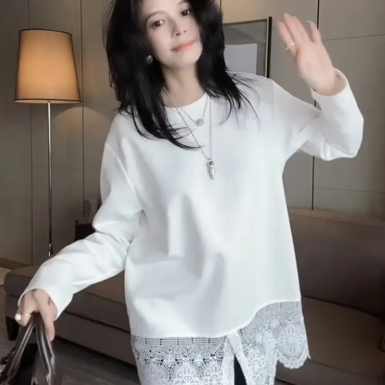 高级感时尚气质蕾丝花边拼接下摆简约遮肉中长T恤时尚百搭上衣