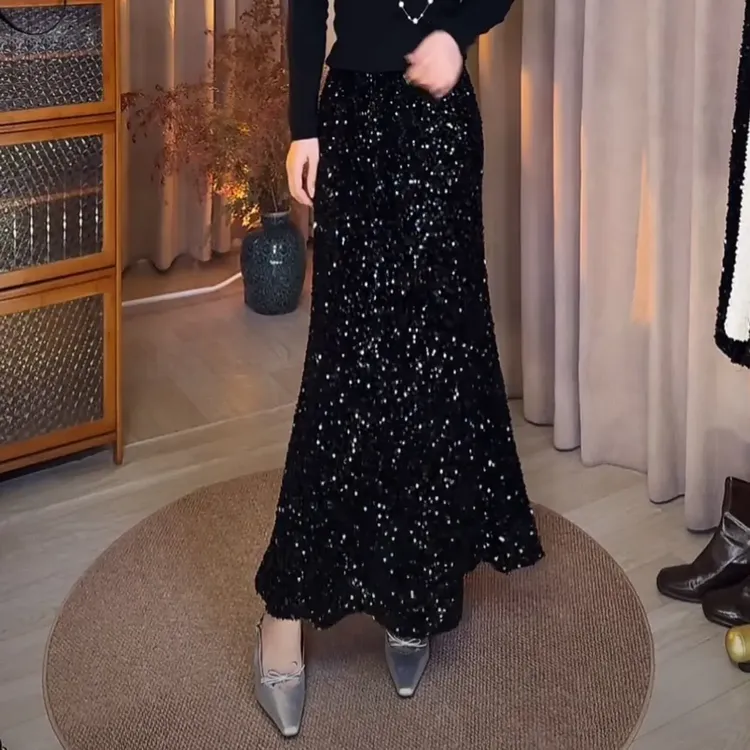 纯色亮片半身裙秋冬季高腰鱼尾裙2025新款黑色亮闪闪半身显瘦长裙