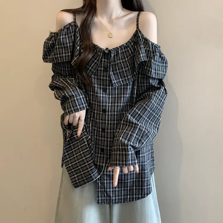 微胖妹妹大码2025春季新款复古格子吊带露肩衬衫女中长款别致上衣