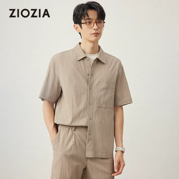 【舒适透气】ZIOZIA通勤男装25夏褶皱感宽松T恤短袖衬衫ZWAE2615M