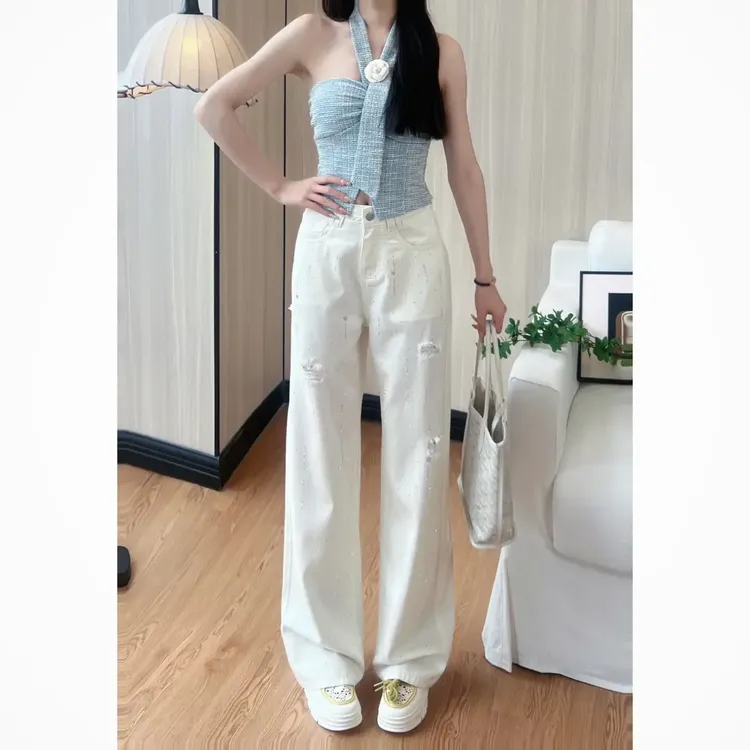 莱赛尔牛仔裤女细闪新款白色阔腿小个子破洞裤夏季薄款高腰拖地裤