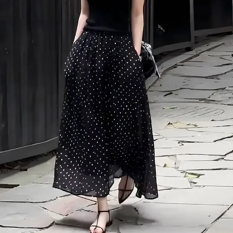 【2个裙长】波点半身裙女中长款夏季法式高腰简约时尚宽松大摆a字裙