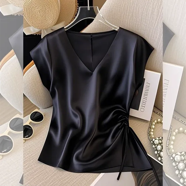 黑色设计感褶皱收腰系带短袖t恤女2025夏季今年流行爆款体恤上衣