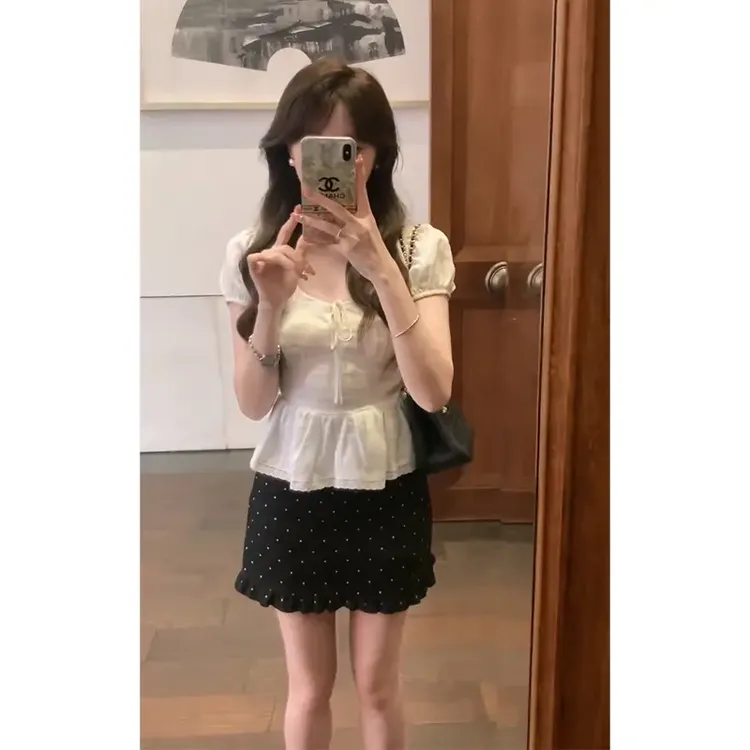 2025夏季五一出游穿搭女装系带花边短袖上衣高腰显瘦波点半身裙
