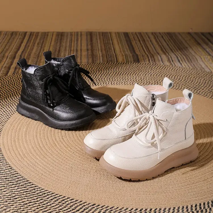 头层牛皮复古百搭休闲雪地靴女鞋冬季棉鞋女拉链款日常保暖