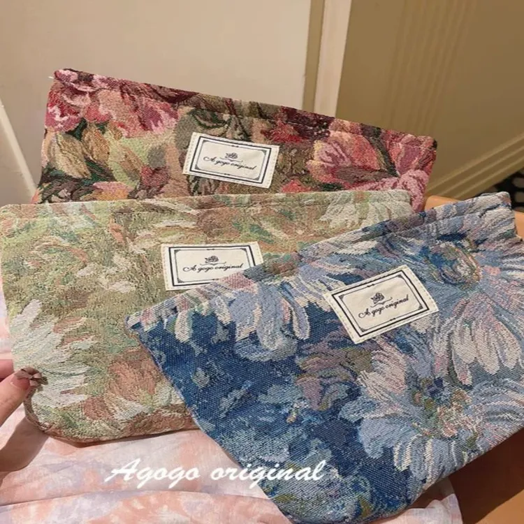 复古化妆包ins加厚提花布收纳袋大容量便携旅行护肤品洗漱包拉链