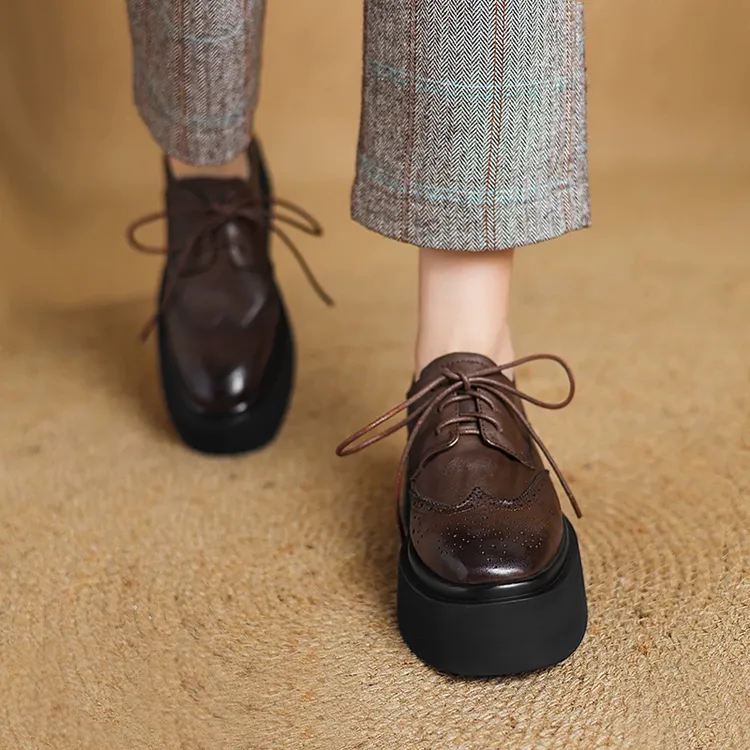 复古厚底松糕鞋女真皮系带单鞋2025新款春季英伦风高跟布洛克皮鞋