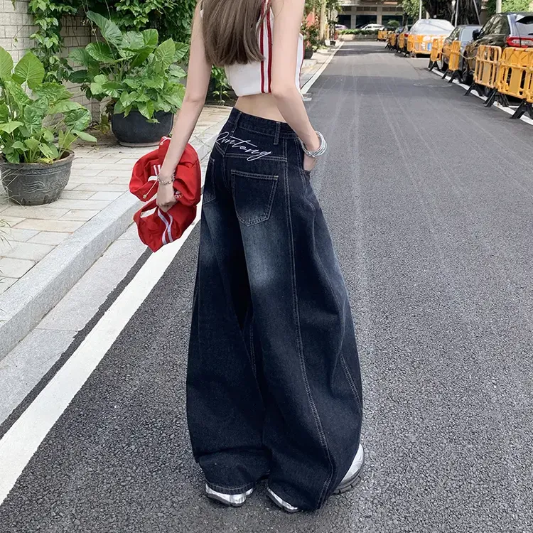 美式复古弯刀阔腿牛仔裤女2025秋季新款高腰宽松刺绣直筒拖地裤子