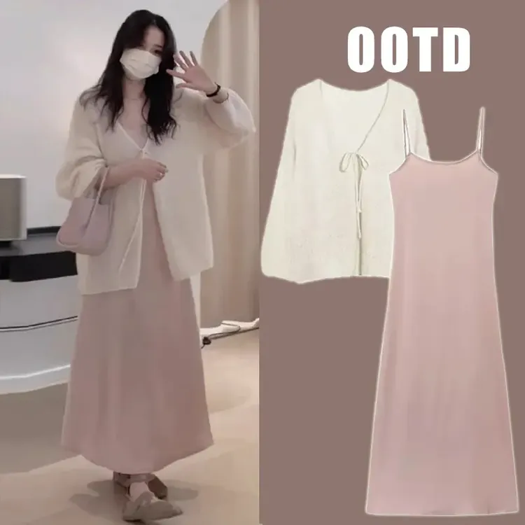 孕妇装2025春夏新款法式宽松温柔灯笼袖绑带针织衫孕妇吊带裙套装