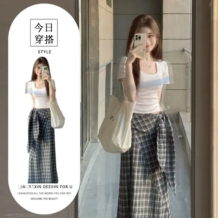 2025夏韩系氛围感U领白上衣配不规则绑带半身裙两件套女显瘦气质