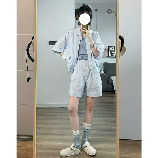 休闲衬衫套装女2023夏装网红炸街新款时尚韩版宽松衬衣短裤两件套