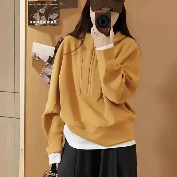 拉链女连帽秋冬女士韩版宽松卫衣休闲秋季圆领卫衣