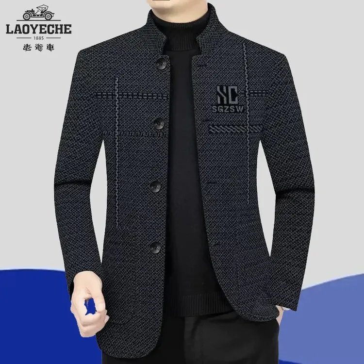 老爷车男士毛呢秋冬新款中年商务休闲立领夹克衫高档时尚外套男装