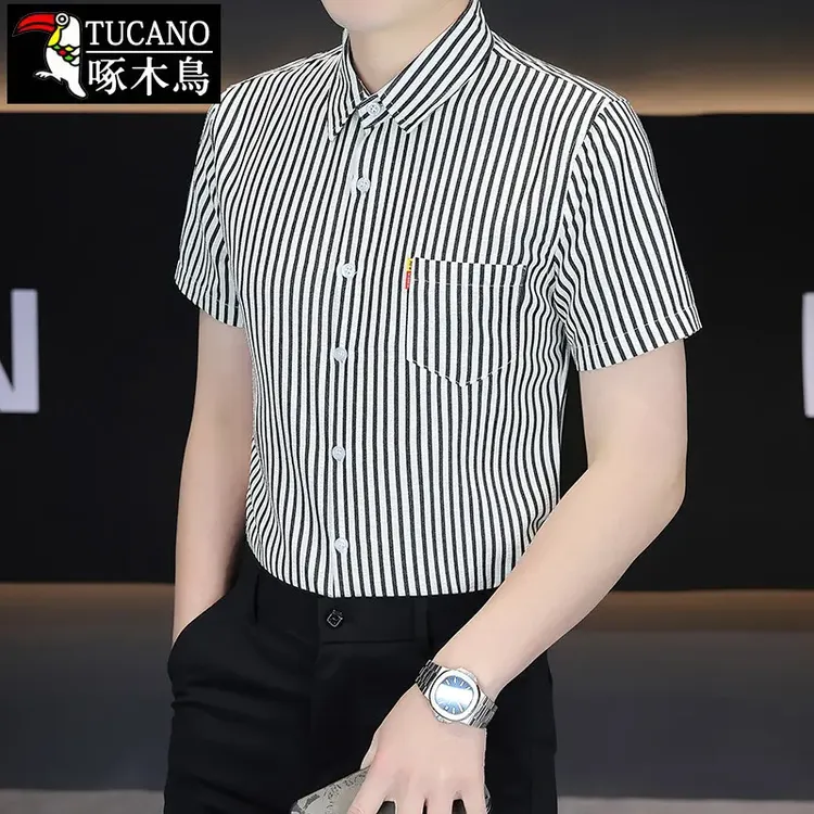 啄木鳥 男士短袖衬衫夏季薄款竖条纹衬衣休闲百搭带口袋上衣服男