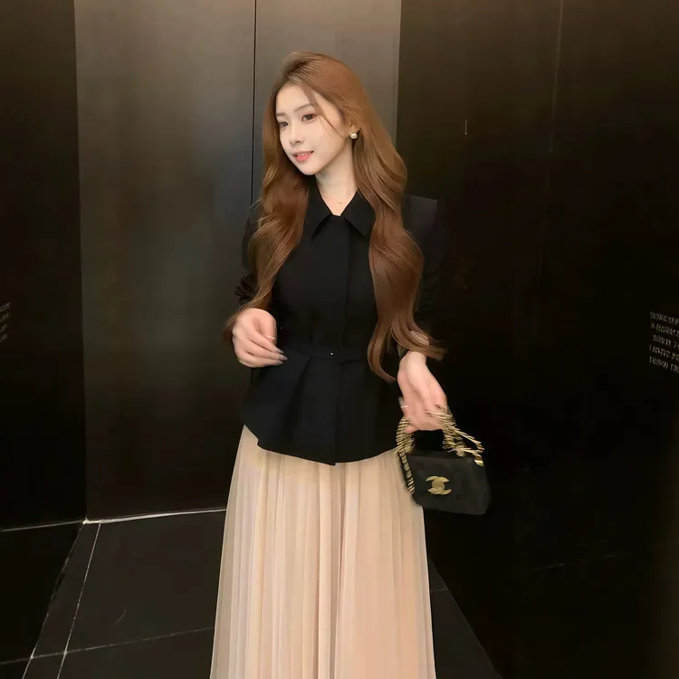 法式仙女风秋季新款韩系高级感气质收腰显瘦西装外套女网纱裙套装