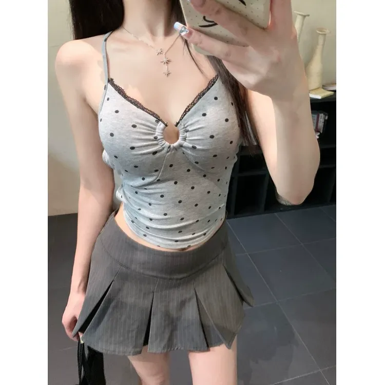 梦优莱甜辣妹椰子波点吊带背心女夏季短款纯欲绑带露背辣妹上衣