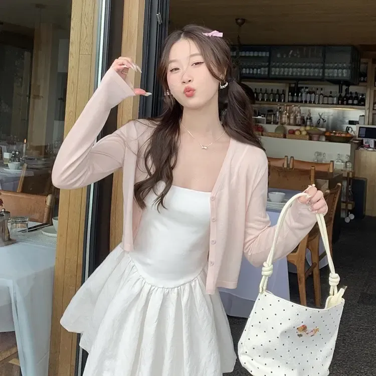 薄款v领针织开衫女薄款显瘦外搭配吊带小外套网红洋气炸街女装