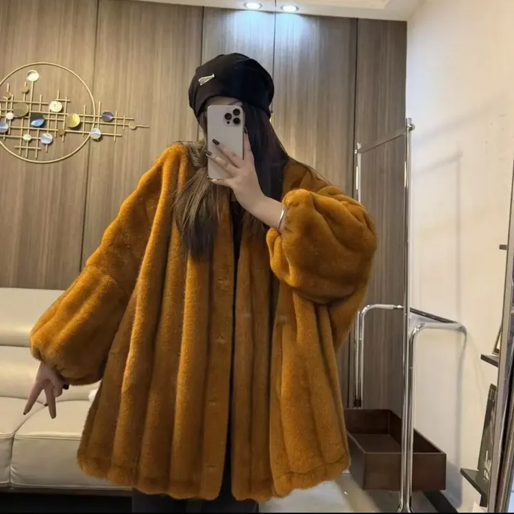 琥珀流光韩系时尚v领设计师毛毛外套