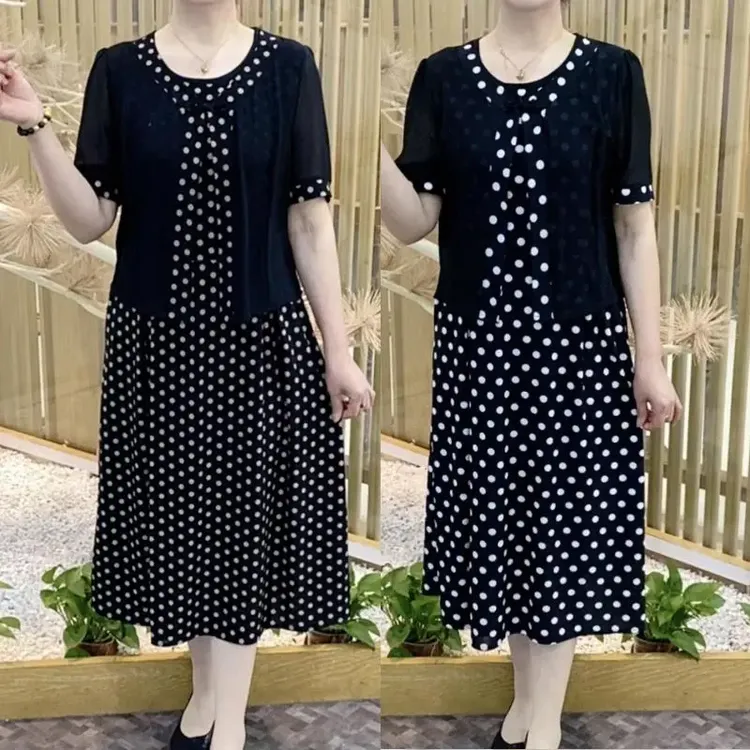 母亲节妈妈装夏季新款连衣裙大码中老年女假两件奶奶宽松显瘦裙子