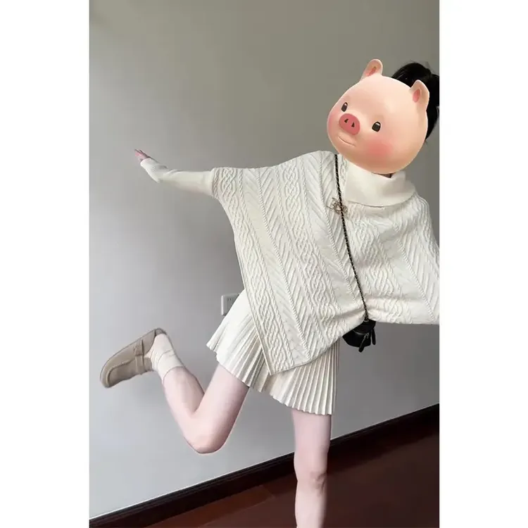 2025秋季新款法式气质高领宽松设计感毛衣上衣高腰显瘦百褶半身裙