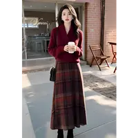 3922+3923一整套小香风红色高级感加厚毛衣针织裙子两件套装女
