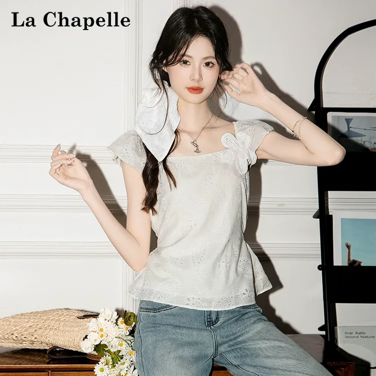 拉夏贝尔设计感系带方领飞飞袖短袖衬衫女2025夏季新美背衬衣上衣