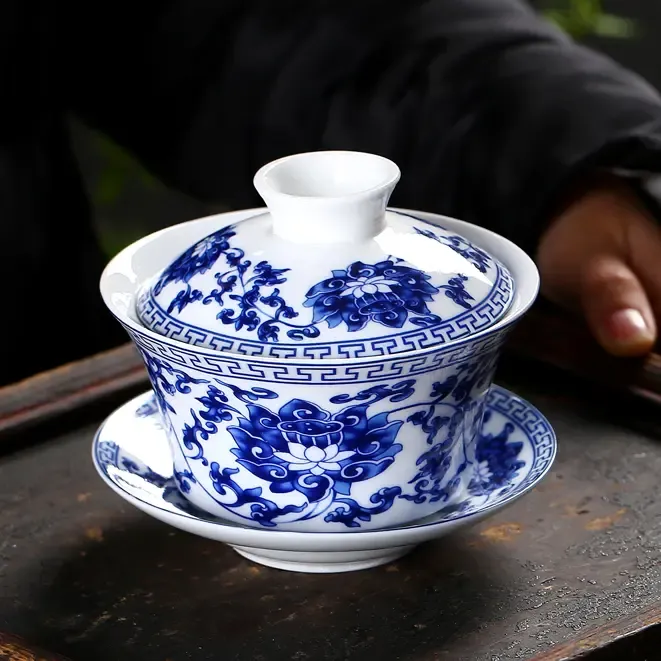 大号盖碗320-500ml青花陶瓷三才敬茶碗茶杯泡茶山水功夫茶具茶具