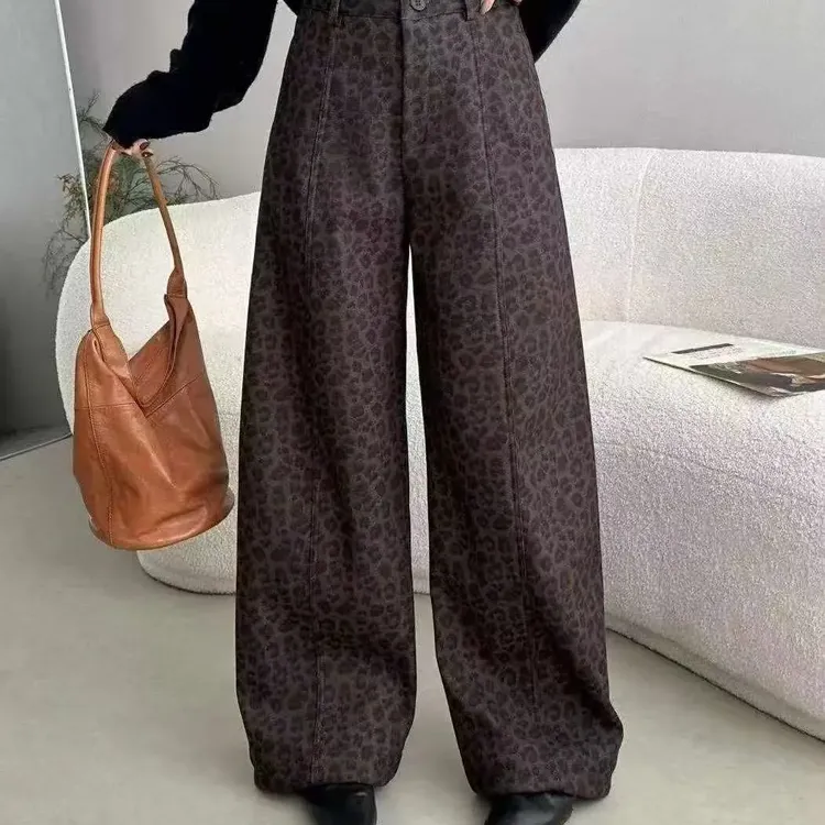 冬季新款加绒豹纹高腰直筒显瘦休闲长裤
