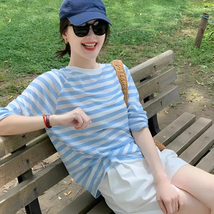 套装夏季2025新款休闲条纹宽松圆领薄款长袖防晒衫短裤两件套