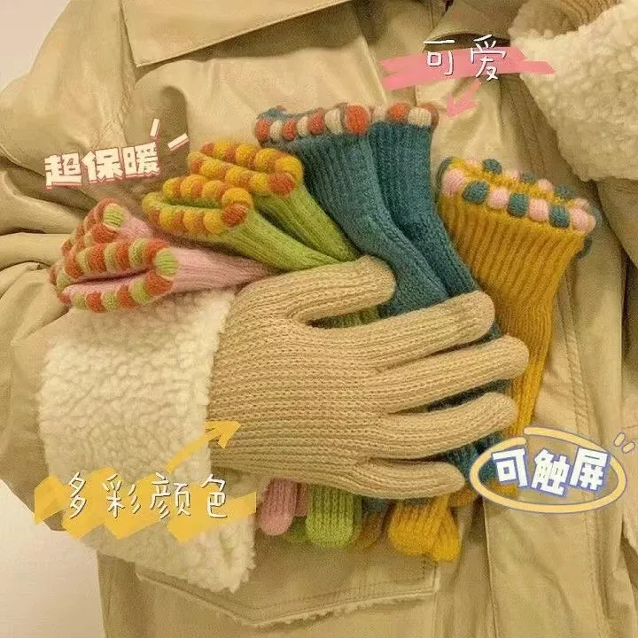 韩系ins小糖豆毛线针织手套冬季露指女纯色保暖防风骑车分指触屏
