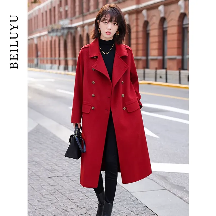红色高端双面羊绒大衣女2024年韩版中长款双排扣羊毛呢大衣外套冬