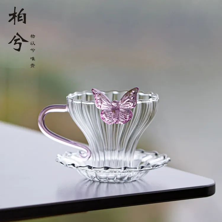 蝴蝶玻璃茶杯咖啡杯女士精致品茗杯透明茶杯带杯碟家用耐热主人杯