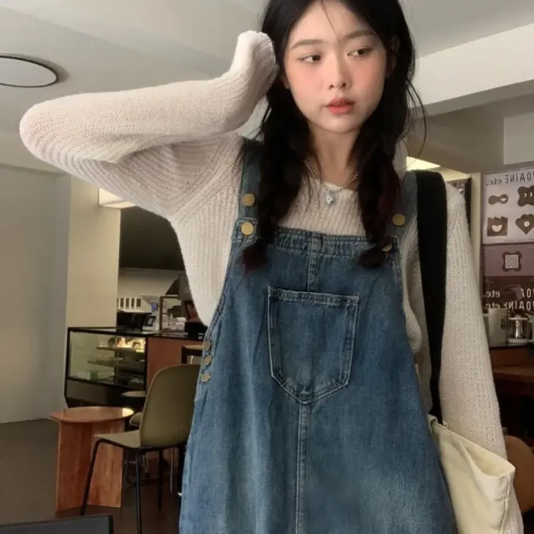 复古牛仔背带裙设计感2025新款韩版宽松吊带裙女中长连衣裙9588#