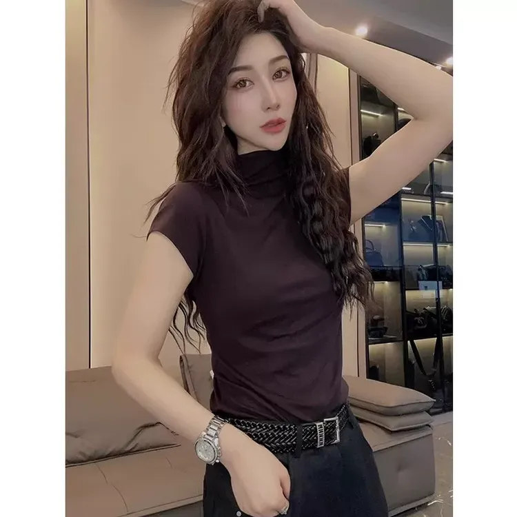 咖色半高领短袖T恤女装2025新款秋季欧货修身显瘦正肩小飞袖上衣