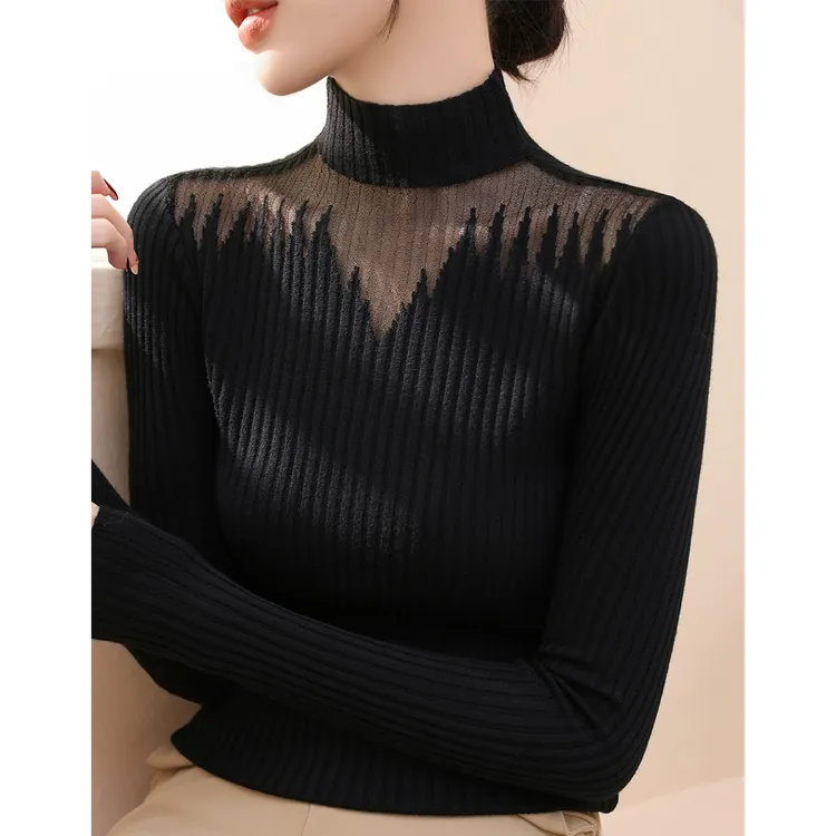 黑色半高领蕾丝网纱设计长袖针织衫女装内搭打底上衣秋冬新款毛衣